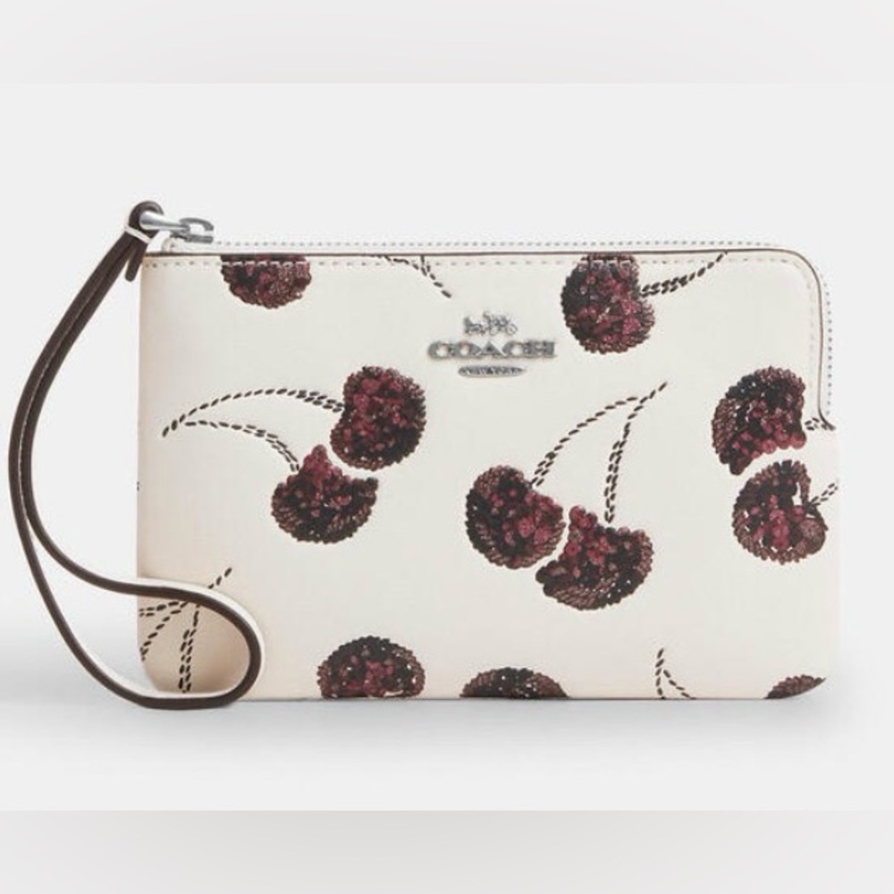 🍒Coach NWT Chalk Corner Zip Wristlet /Sparkling Cherry Print / Silver Hardware
